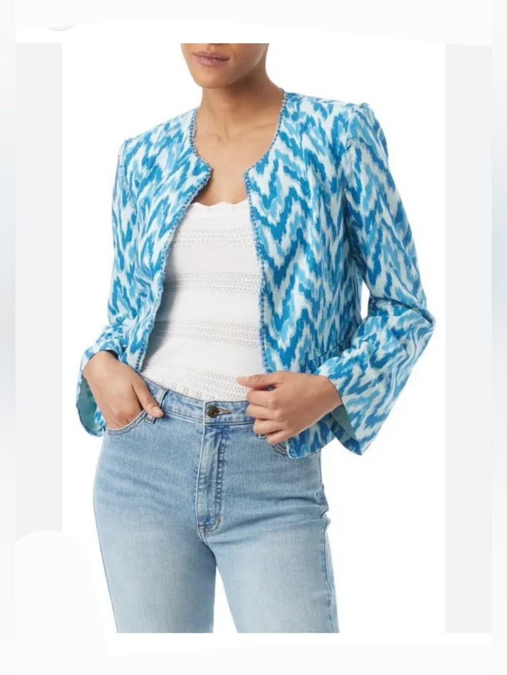 Sam edelman dixie blue ikat print linen blend frayed hem blazer jacket size XS